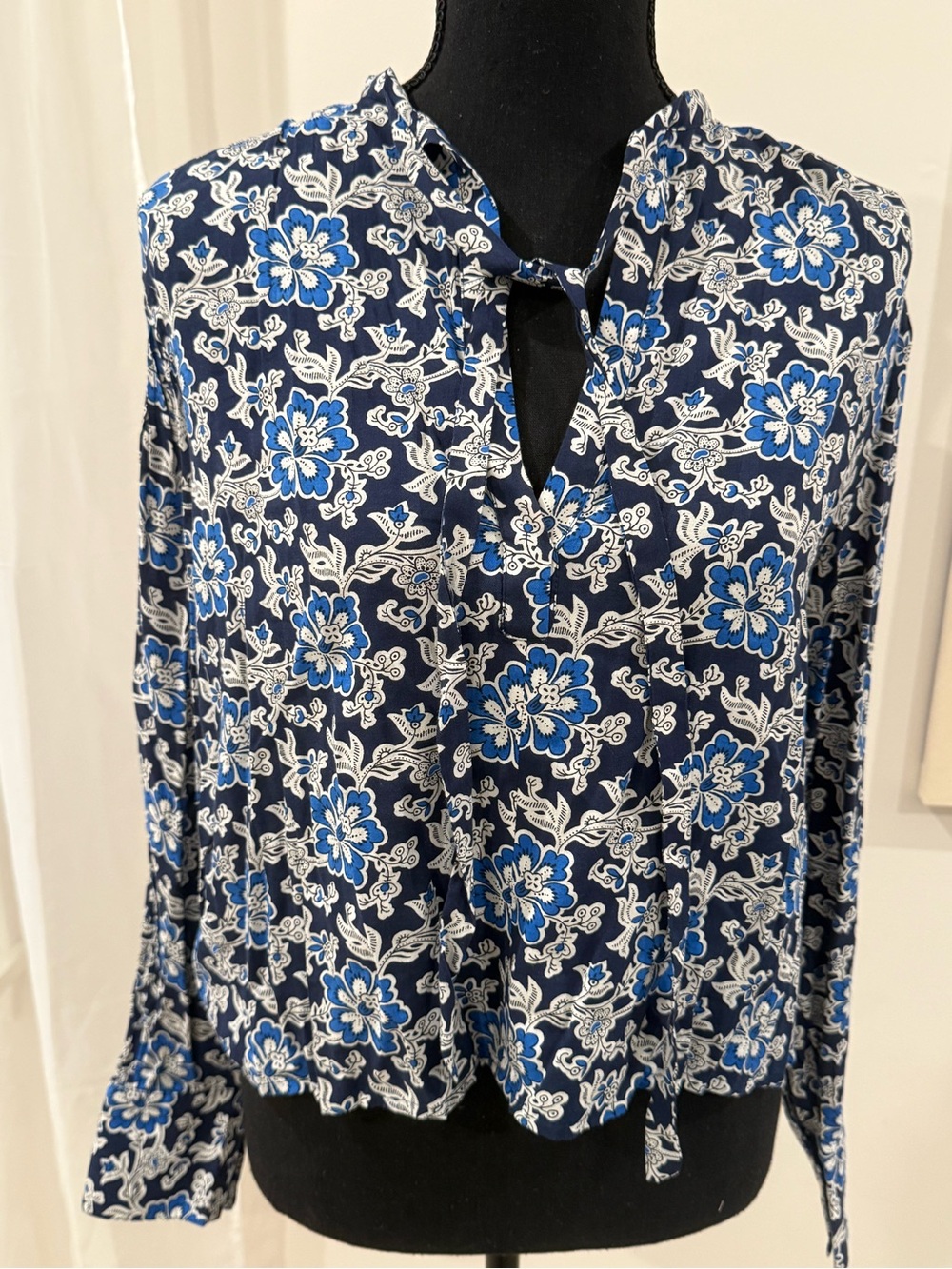 J. Crew Navy Floral Tie-Neck Blouse with Blue Accents